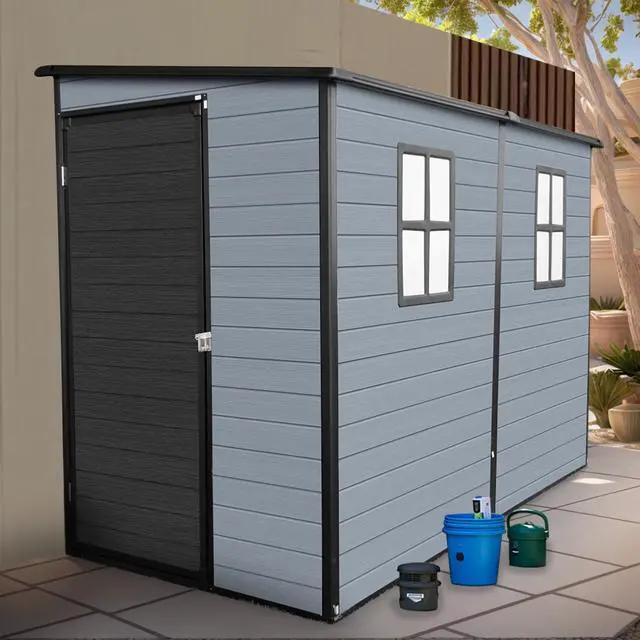 Main image of 4x8ft Outdoor Resin Garden Shed with Floor and 2 Windows, Plastic Patio Outdoor Storage Shed with Lockable Door for Garden Tools, Bicycles, Trash Cans, Gray+Black