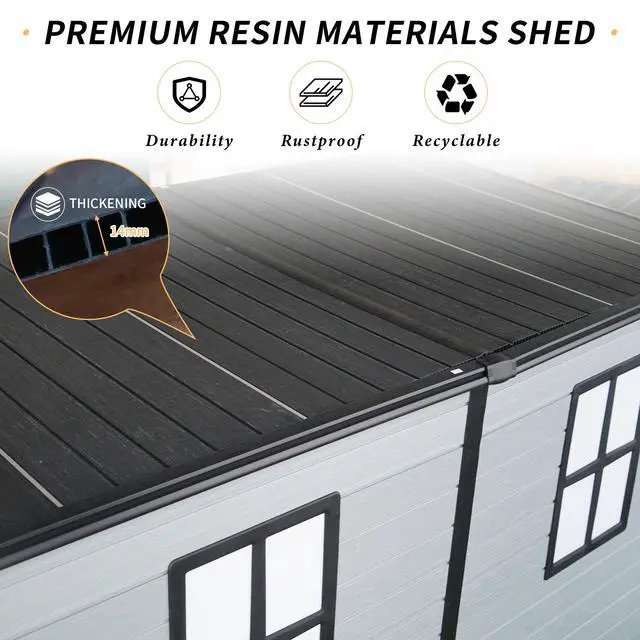 Alt view image 3 of 7 - 4x8ft Outdoor Resin Garden Shed with Floor and 2 Windows, Plastic Patio Outdoor Storage Shed with Lockable Door for Garden Tools, Bicycles, Trash Cans, Gray+Black