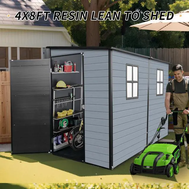 Alt view image 2 of 7 - 4x8ft Outdoor Resin Garden Shed with Floor and 2 Windows, Plastic Patio Outdoor Storage Shed with Lockable Door for Garden Tools, Bicycles, Trash Cans, Gray+Black