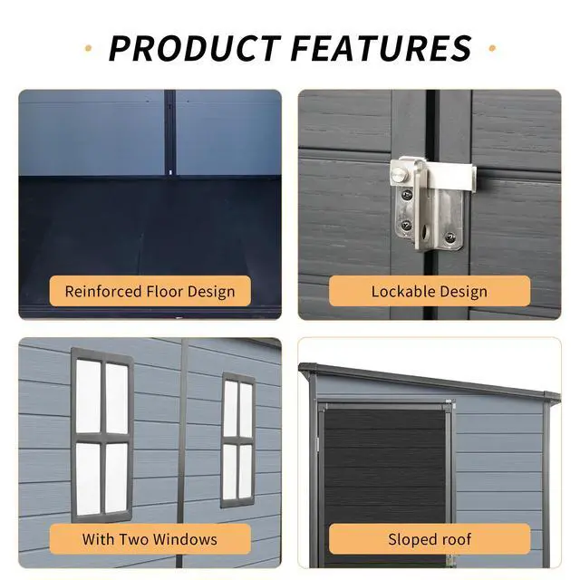 Alt view image 5 of 7 - 4x8ft Outdoor Resin Garden Shed with Floor and 2 Windows, Plastic Patio Outdoor Storage Shed with Lockable Door for Garden Tools, Bicycles, Trash Cans, Gray+Black