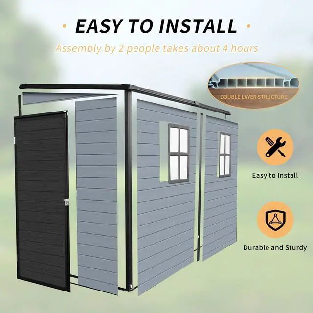 Alt view image 6 of 7 - 4x8ft Outdoor Resin Garden Shed with Floor and 2 Windows, Plastic Patio Outdoor Storage Shed with Lockable Door for Garden Tools, Bicycles, Trash Cans, Gray+Black