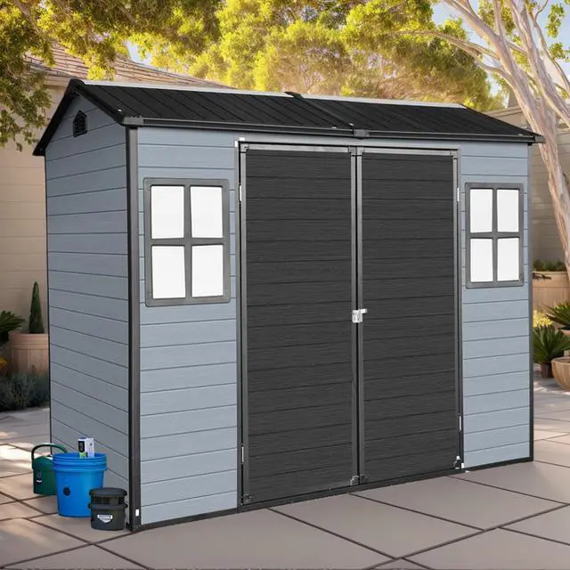 Main image of 8x4ft Outdoor Resin Garden Shed with Floor and 2 Windows, Plastic Patio Outdoor Storage Shed with Lockable Door for Garden Tools, Bicycles, Trash Cans, Gray+Black