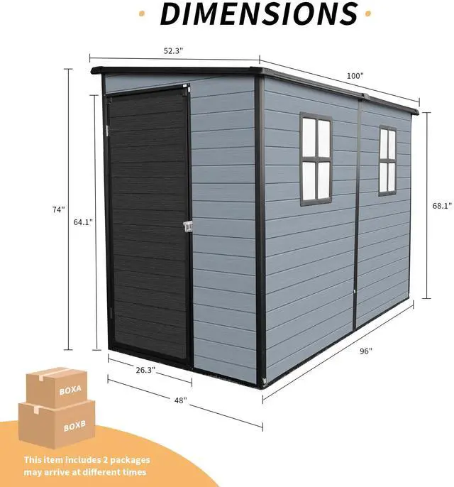 Alt view image 7 of 7 - 4x8ft Outdoor Resin Garden Shed with Floor and 2 Windows, Plastic Patio Outdoor Storage Shed with Lockable Door for Garden Tools, Bicycles, Trash Cans, Gray+Black