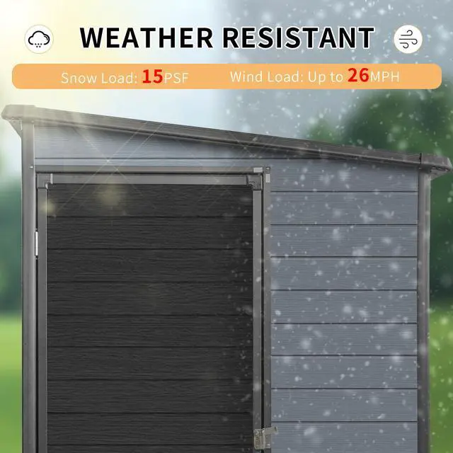 Alt view image 4 of 7 - 4x8ft Outdoor Resin Garden Shed with Floor and 2 Windows, Plastic Patio Outdoor Storage Shed with Lockable Door for Garden Tools, Bicycles, Trash Cans, Gray+Black