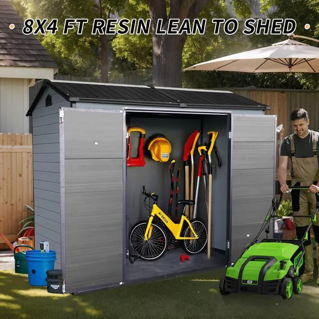 Alt view image 2 of 7 - 8x4ft Outdoor Resin Garden Shed with Floor and 2 Windows, Plastic Patio Outdoor Storage Shed with Lockable Door for Garden Tools, Bicycles, Trash Cans, Gray+Black