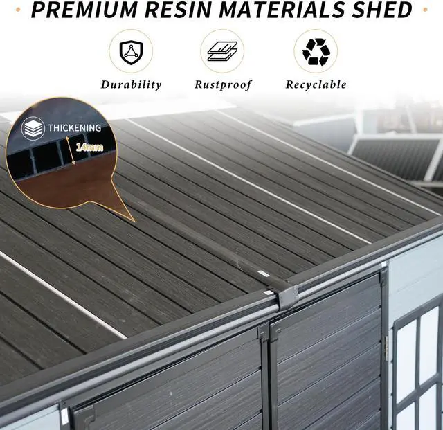 Alt view image 3 of 7 - 8x4ft Outdoor Resin Garden Shed with Floor and 2 Windows, Plastic Patio Outdoor Storage Shed with Lockable Door for Garden Tools, Bicycles, Trash Cans, Gray+Black