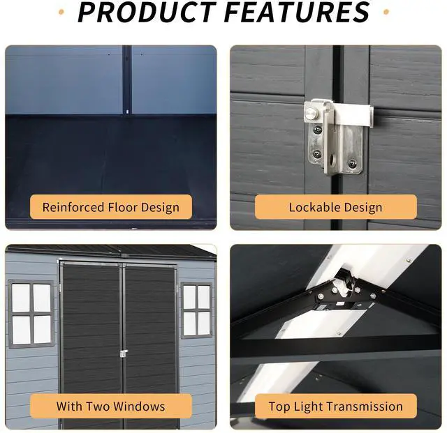 Alt view image 4 of 7 - 8x4ft Outdoor Resin Garden Shed with Floor and 2 Windows, Plastic Patio Outdoor Storage Shed with Lockable Door for Garden Tools, Bicycles, Trash Cans, Gray+Black