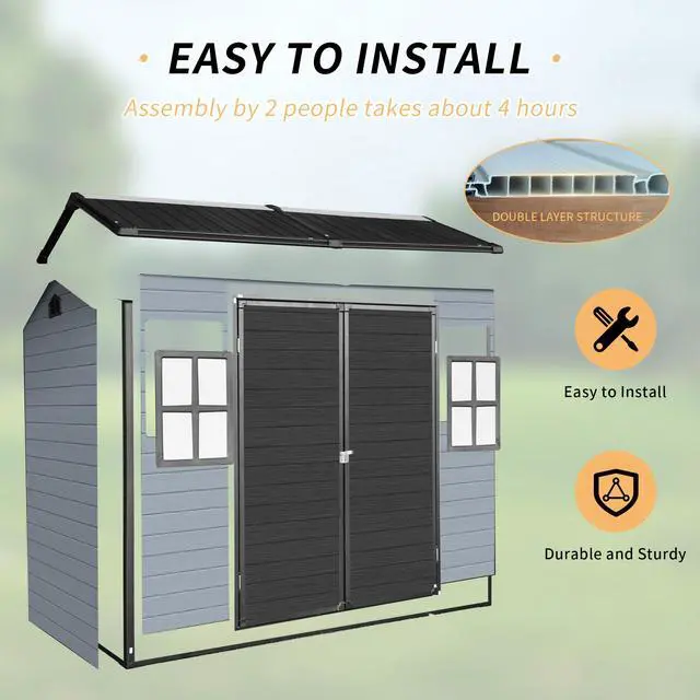 Alt view image 6 of 7 - 8x4ft Outdoor Resin Garden Shed with Floor and 2 Windows, Plastic Patio Outdoor Storage Shed with Lockable Door for Garden Tools, Bicycles, Trash Cans, Gray+Black