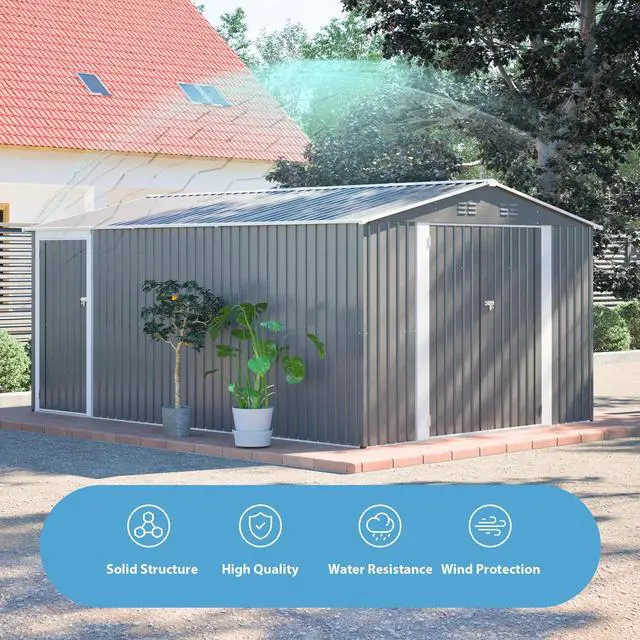 Alt view image 6 of 7 - 10x14 FT Outdoor Metal Storage Shed, Large Garden Shed Tool Shed with 3 Lockable Doors & Side Door, Waterproof Yard Building with 4 Air Vents for Backyard, Patio, Light Gray