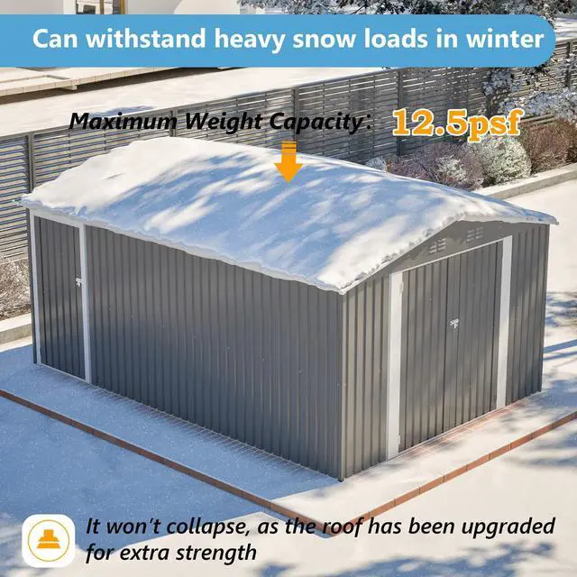 Alt view image 7 of 7 - 10x14 FT Outdoor Metal Storage Shed, Large Garden Shed Tool Shed with 3 Lockable Doors & Side Door, Waterproof Yard Building with 4 Air Vents for Backyard, Patio, Light Gray