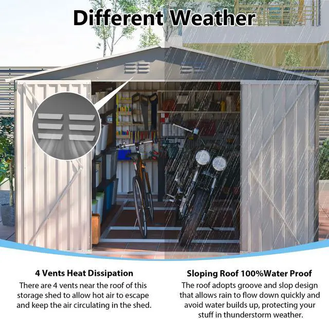 Alt view image 4 of 7 - 10x14 FT Outdoor Metal Storage Shed, Large Garden Shed Tool Shed with 3 Lockable Doors & Side Door, Waterproof Yard Building with 4 Air Vents for Backyard, Patio, Light Gray