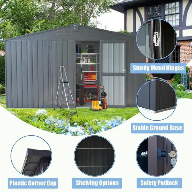 Alt view image 2 of 7 - Backyard Storage Shed 11' x 12.5' with Galvanized Steel Frame & Windows, Outdoor Garden Shed Metal Utility Tool Storage Room with Lockable Door for Patio(Dark Gray)