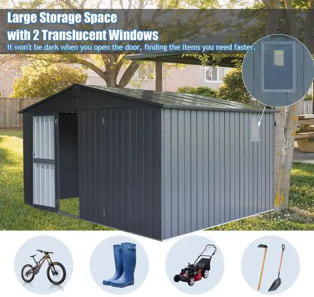 Alt view image 3 of 7 - Backyard Storage Shed 11' x 12.5' with Galvanized Steel Frame & Windows, Outdoor Garden Shed Metal Utility Tool Storage Room with Lockable Door for Patio(Dark Gray)