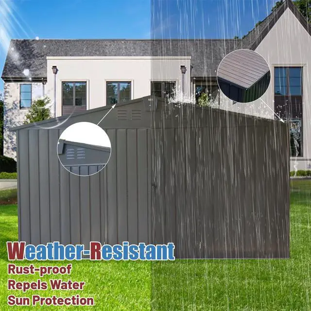 Alt view image 5 of 7 - Backyard Storage Shed 11' x 12.5' with Galvanized Steel Frame & Windows, Outdoor Garden Shed Metal Utility Tool Storage Room with Lockable Door for Patio(Dark Gray)