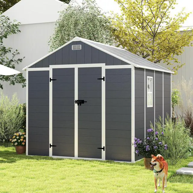 Main image of Campcraft 8*8ft resin storage shed, high quality pp material, strong structure, waterproof, rust and UV proof, large storage space, 12mm thick pp board, HD window lighting Dark gray