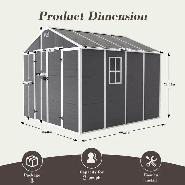 Alt view image 6 of 7 - Campcraft 8*8ft resin storage shed, high quality pp material, strong structure, waterproof, rust and UV proof, large storage space, 12mm thick pp board, HD window lighting Dark gray