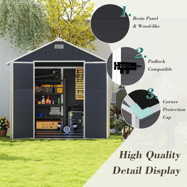 Alt view image 2 of 7 - Campcraft 8*8ft resin storage shed, high quality pp material, strong structure, waterproof, rust and UV proof, large storage space, 12mm thick pp board, HD window lighting Dark gray