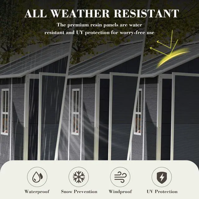 Alt view image 4 of 7 - Campcraft 8*8ft resin storage shed, high quality pp material, strong structure, waterproof, rust and UV proof, large storage space, 12mm thick pp board, HD window lighting Dark gray