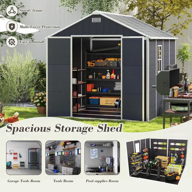 Alt view image 3 of 7 - Campcraft 8*8ft resin storage shed, high quality pp material, strong structure, waterproof, rust and UV proof, large storage space, 12mm thick pp board, HD window lighting Dark gray
