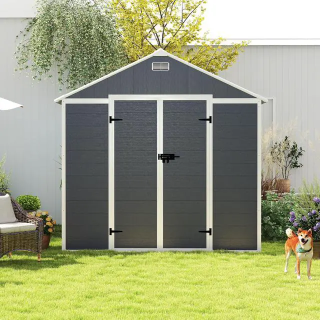 Alt view image 7 of 7 - Campcraft 8*8ft resin storage shed, high quality pp material, strong structure, waterproof, rust and UV proof, large storage space, 12mm thick pp board, HD window lighting Dark gray