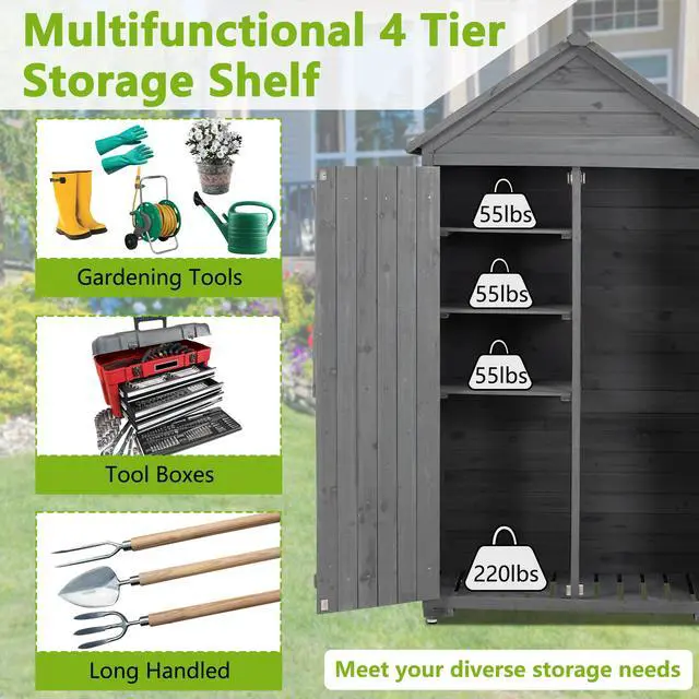 Alt view image 2 of 7 - Outdoor Storage Cabinet, Garden Wood Tool Shed, Outside Wooden Shed Closet with Shelves and Latch for Yard 39.56"x 22.04"x 68.89"