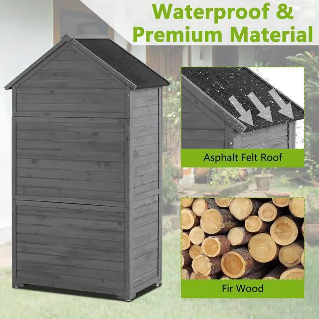 Alt view image 3 of 7 - Outdoor Storage Cabinet, Garden Wood Tool Shed, Outside Wooden Shed Closet with Shelves and Latch for Yard 39.56"x 22.04"x 68.89"