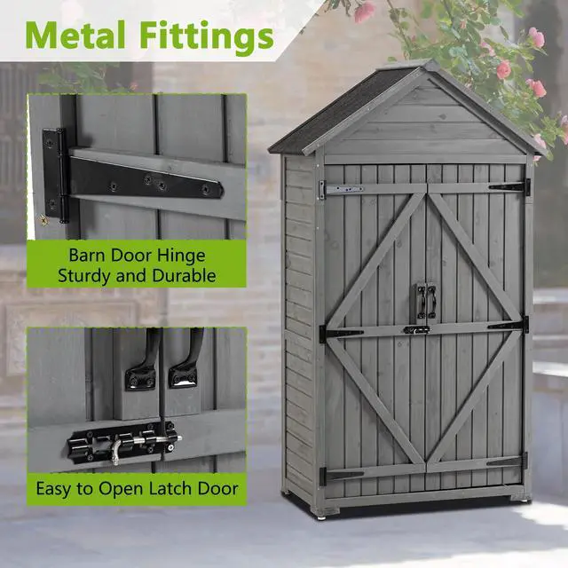 Alt view image 6 of 7 - Outdoor Storage Cabinet, Garden Wood Tool Shed, Outside Wooden Shed Closet with Shelves and Latch for Yard 39.56"x 22.04"x 68.89"