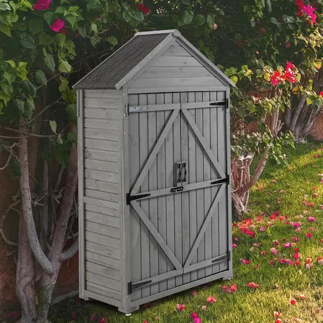 Alt view image 4 of 7 - Outdoor Storage Cabinet, Garden Wood Tool Shed, Outside Wooden Shed Closet with Shelves and Latch for Yard 39.56"x 22.04"x 68.89"