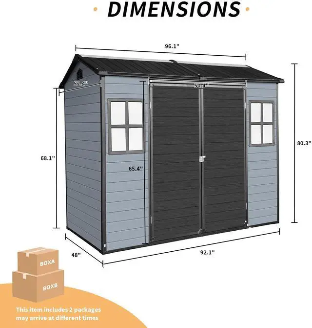 Alt view image 7 of 7 - 8x4ft Outdoor Resin Garden Shed with Floor and 2 Windows, Plastic Patio Outdoor Storage Shed with Lockable Door for Garden Tools, Bicycles, Trash Cans, Gray+Black