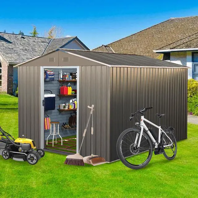 Main image of 8x10ft Outdoor Metal Storage Shed with metal foundation Gray