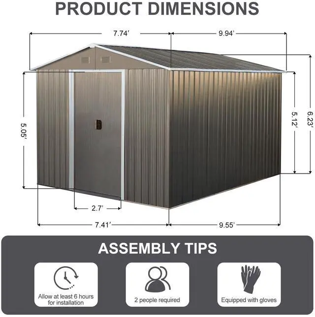 Alt view image 5 of 7 - 8x10ft Outdoor Metal Storage Shed with metal foundation Gray