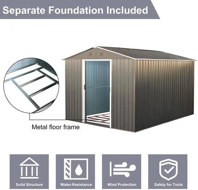 Alt view image 6 of 7 - 8x10ft Outdoor Metal Storage Shed with metal foundation Gray