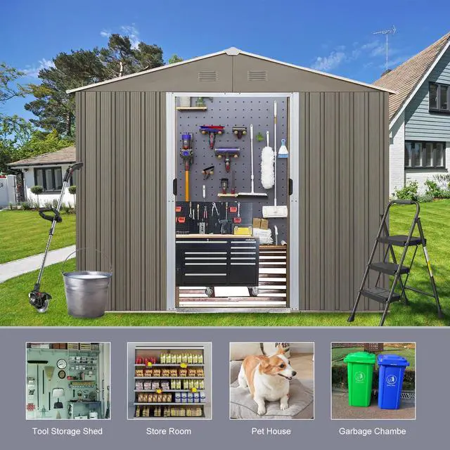 Alt view image 4 of 7 - 8x10ft Outdoor Metal Storage Shed with metal foundation Gray