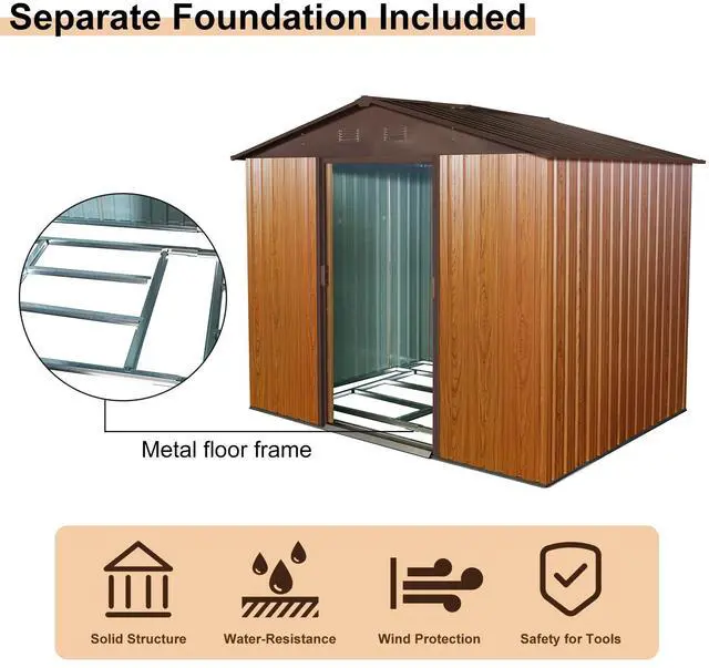 Alt view image 2 of 7 - 8ft x 6ft Outdoor Metal Storage Shed with Metal foundation,Coffee(W540S00014)