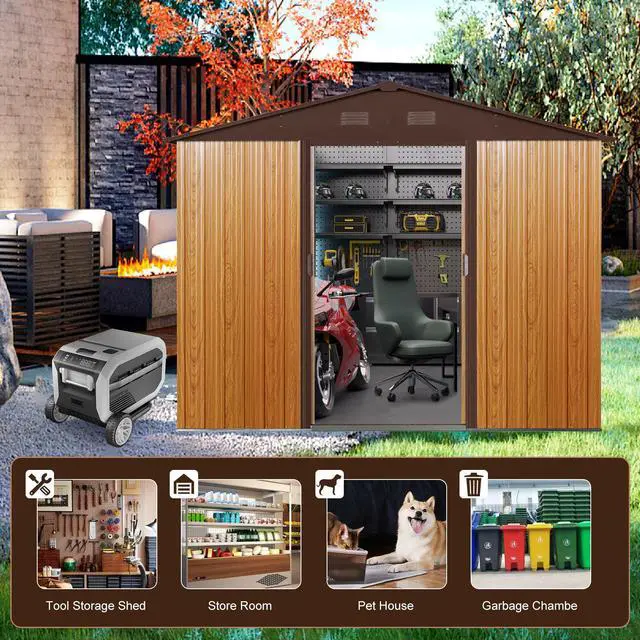 Alt view image 3 of 7 - 8ft x 6ft Outdoor Metal Storage Shed with Metal foundation,Coffee(W540S00014)