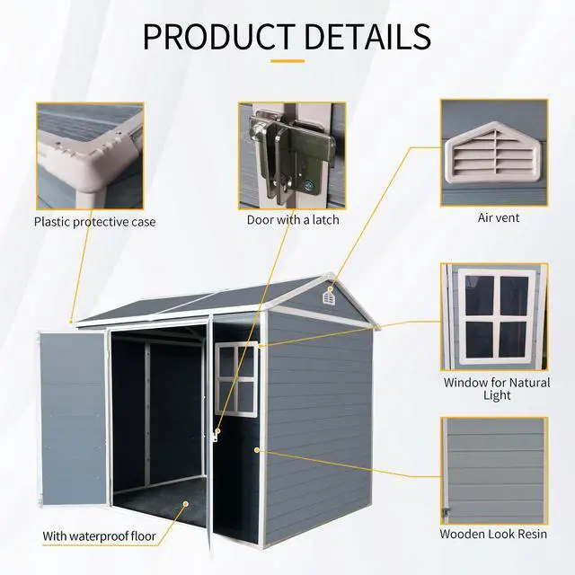 Alt view image 3 of 7 - 8 x 6 ft Resin Outdoor Storage Shed Waterproof Shed with Floor & Two Windows & Lockable Door, Tool Shed for Garden, Patio, Backyard,Gray