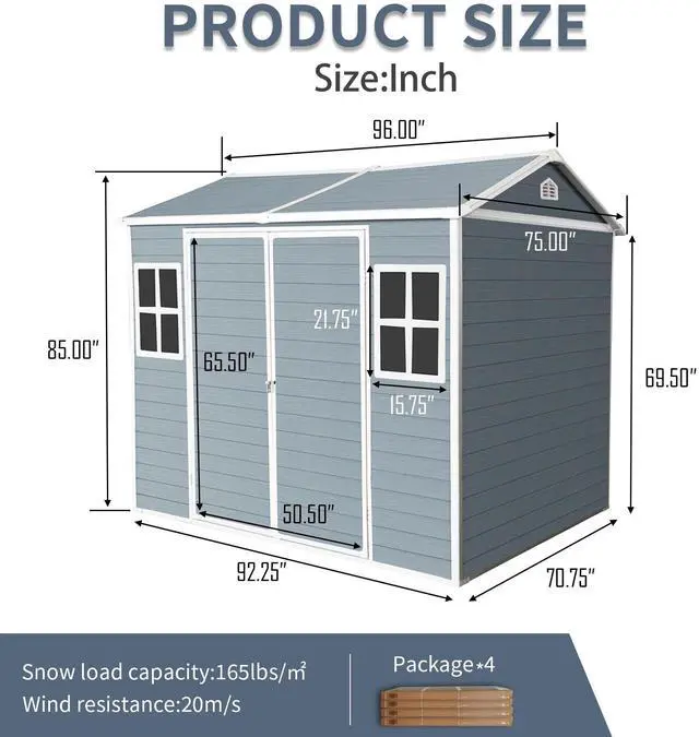 Alt view image 4 of 7 - 8 x 6 ft Resin Outdoor Storage Shed Waterproof Shed with Floor & Two Windows & Lockable Door, Tool Shed for Garden, Patio, Backyard,Gray