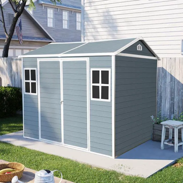 Main image of 8 x 6 ft Resin Outdoor Storage Shed Waterproof Shed with Floor & Two Windows & Lockable Door, Tool Shed for Garden, Patio, Backyard,Gray