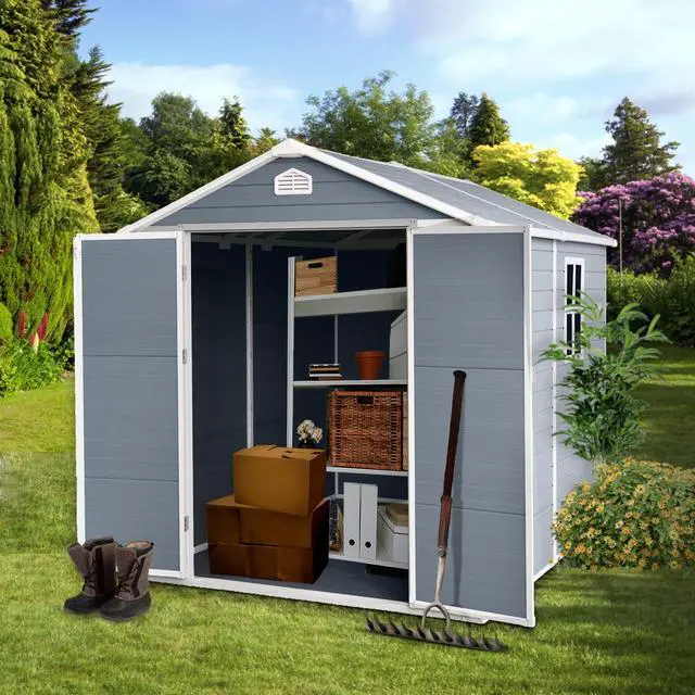 Main image of 6 ft x 8 ft Resin Outdoor Storage, Plastic Garden Sheds with Floor and Lockable Door for Backyard, Lawn, Grey W540S00052)(W540S00021)