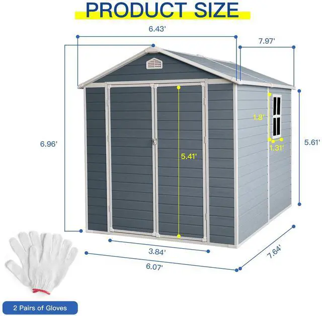 Alt view image 4 of 7 - 6 ft x 8 ft Resin Outdoor Storage, Plastic Garden Sheds with Floor and Lockable Door for Backyard, Lawn, Grey W540S00052)(W540S00021)