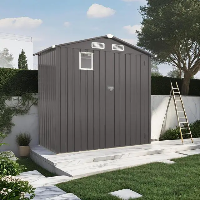 Main image of 6X 3.6FT Metal Outdoor Storage Shed, Tool Shed with Peaked Roof Watertight with Clear Window and Lockable Door Compact Metal Tool Room for Garden, Backyard, Patio, Sundries and Bike Storage, Gray