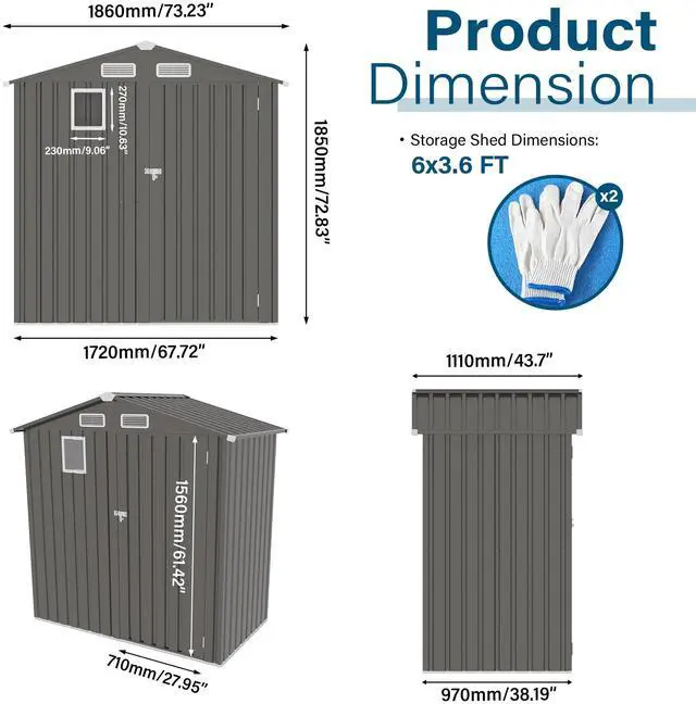 Alt view image 6 of 7 - 6X 3.6FT Metal Outdoor Storage Shed, Tool Shed with Peaked Roof Watertight with Clear Window and Lockable Door Compact Metal Tool Room for Garden, Backyard, Patio, Sundries and Bike Storage, Gray