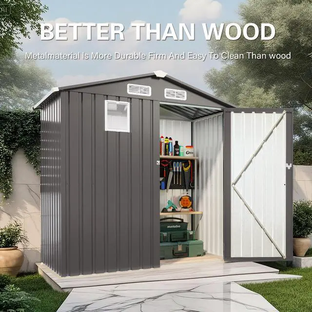 Alt view image 5 of 7 - 6X 3.6FT Metal Outdoor Storage Shed, Tool Shed with Peaked Roof Watertight with Clear Window and Lockable Door Compact Metal Tool Room for Garden, Backyard, Patio, Sundries and Bike Storage, Gray