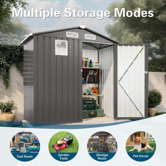 Alt view image 4 of 7 - 6X 3.6FT Metal Outdoor Storage Shed, Tool Shed with Peaked Roof Watertight with Clear Window and Lockable Door Compact Metal Tool Room for Garden, Backyard, Patio, Sundries and Bike Storage, Gray