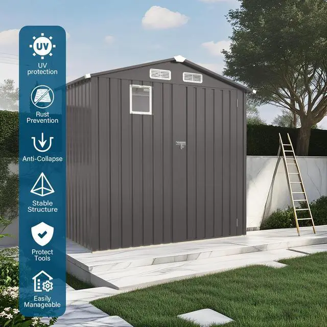 Alt view image 7 of 7 - 6X 3.6FT Metal Outdoor Storage Shed, Tool Shed with Peaked Roof Watertight with Clear Window and Lockable Door Compact Metal Tool Room for Garden, Backyard, Patio, Sundries and Bike Storage, Gray