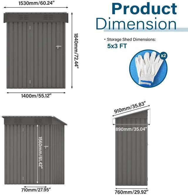 Alt view image 7 of 7 - 5X3 FT Metal Outdoor Storage Shed, Tool Shed with Pitched Roof and Lockable Door Compact Metal Tool Shed for Garden, Backyard, Patio, Everyday Sundries and Bike Storage, Gray