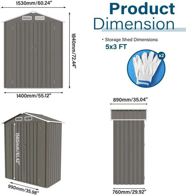 Alt view image 6 of 7 - 5X3 FT Metal Outdoor Storage Shed, Tool Shed with Peaked Roof Waterproof, Lockable Door Compact Metal Tool Shed for Garden, Backyard, Patio, Sundries and Bike Storage, Gray