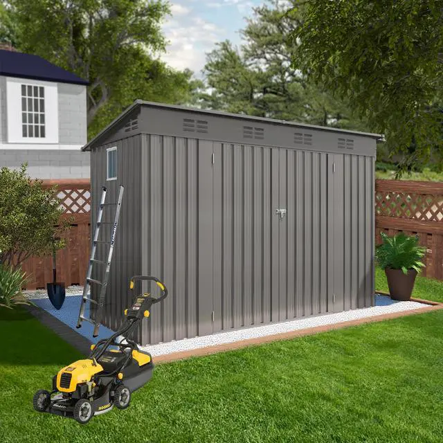 Alt view image 3 of 7 - 4 x 9 FT Outdoor Storage Shed, Metal Garden Shed Tool House with Sloping Roof,6 vents and 2 Swing Doors for Backyard, Garden,Patio, Garage, Lawn, Gray