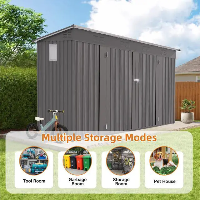 Alt view image 7 of 7 - 4 x 9 FT Outdoor Storage Shed, Metal Garden Shed Tool House with Sloping Roof,6 vents and 2 Swing Doors for Backyard, Garden,Patio, Garage, Lawn, Gray