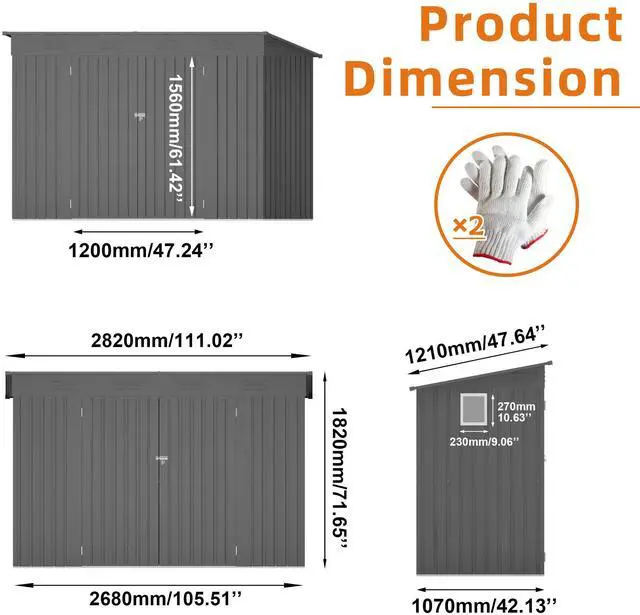 Alt view image 6 of 7 - 4 x 9 FT Outdoor Storage Shed, Metal Garden Shed Tool House with Sloping Roof,6 vents and 2 Swing Doors for Backyard, Garden,Patio, Garage, Lawn, Gray